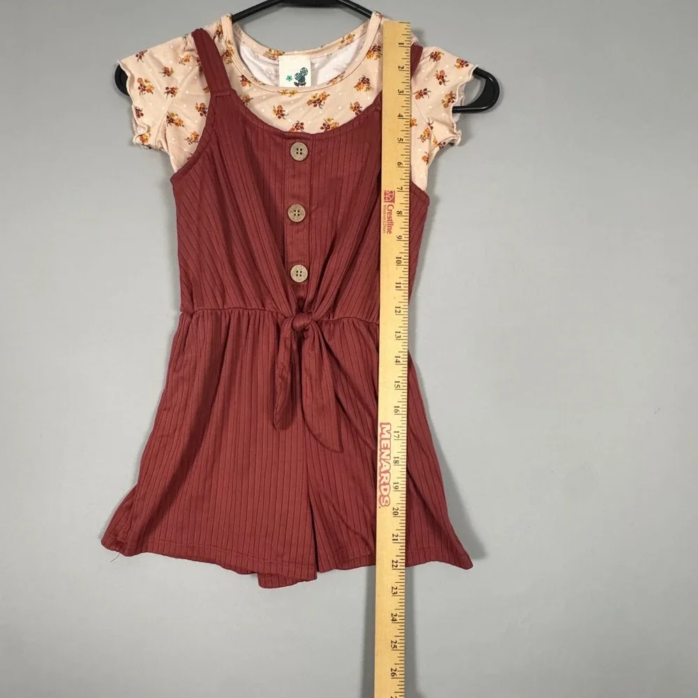 Lily Bleu Romper Set Kids Size 7 Rust Red Floral Ribbed 2pc NWOT